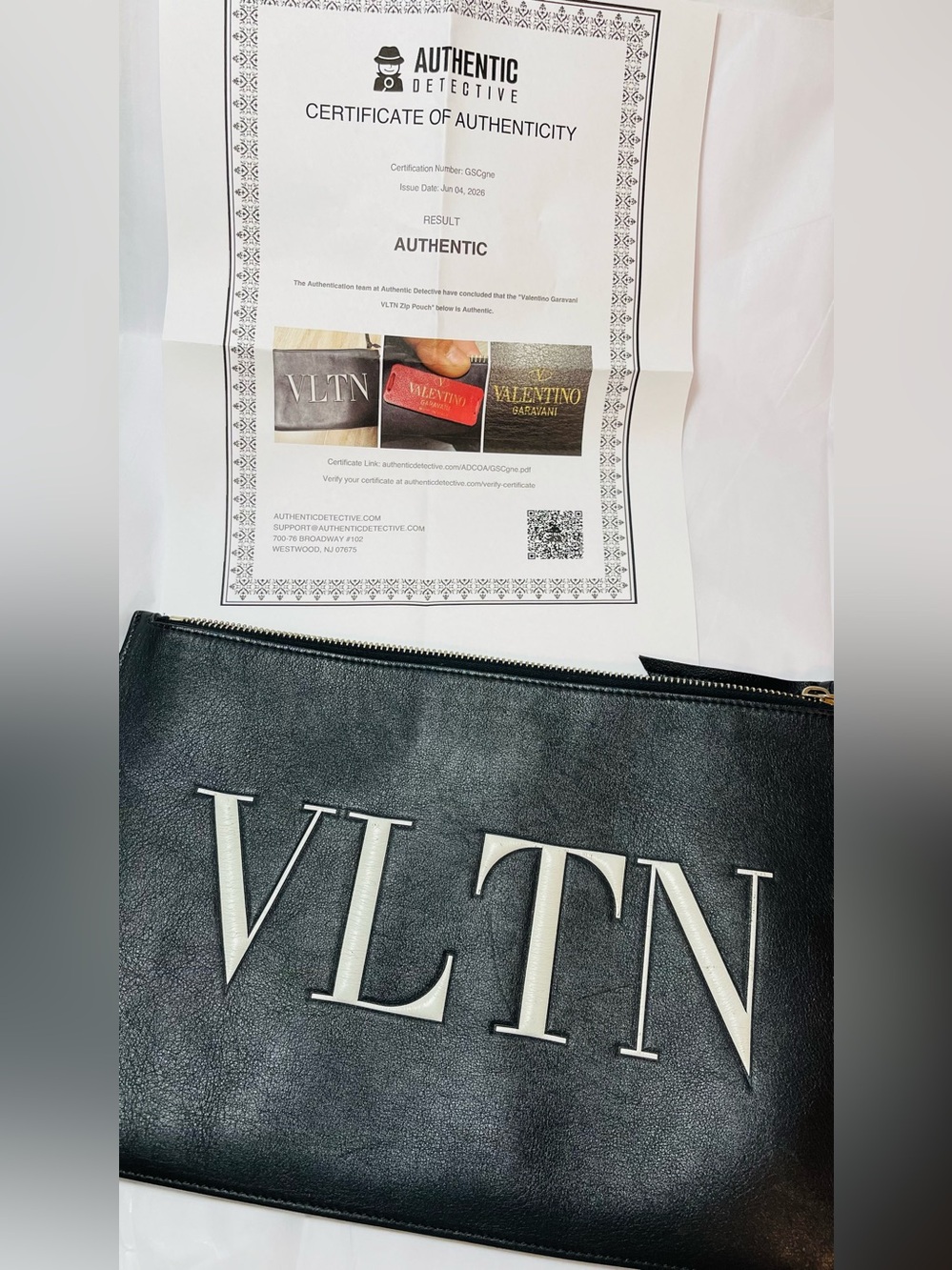 Valentino Authentic Clutch Black Leather Logo Zip Pouch with White Lettering